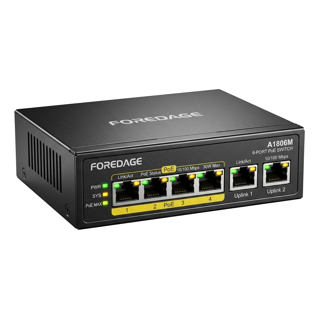Foredage A1806M 6-Port 100M AI PoE Switch with 4 PoE Ports & 2 Uplink